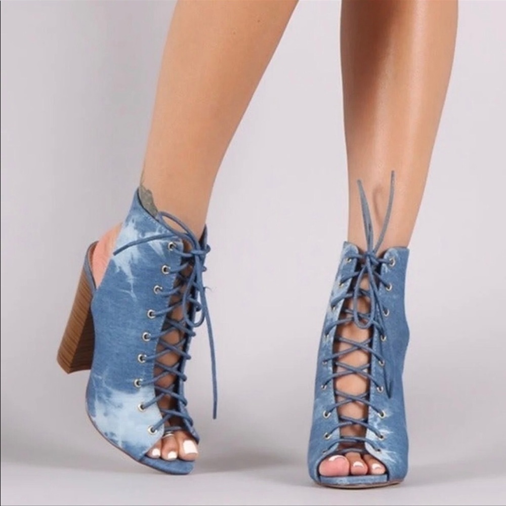 Denim Blue Open Toe Sling back Booties Block Heels